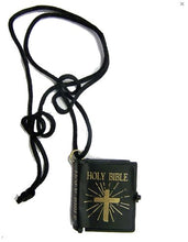 Load image into Gallery viewer, MINI HOLY BIBLE ON BLACK CORD NECKLACE