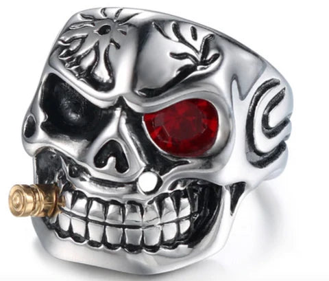 SKULL WITH CIGAR WITH RED CRYSTAL EYE METAL BIKER RING