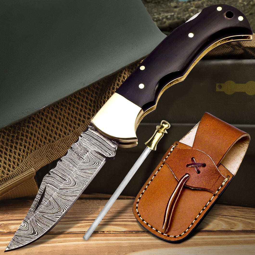 6.5′ Handmade Damascus Steel Pocket Knife with Leather Sheath