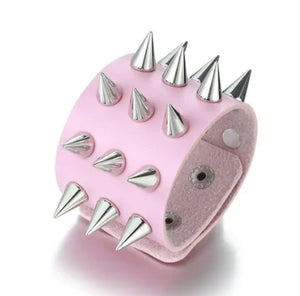 PINK TRIPLE ROW SPIKED PUNK LEATHER BRACELET