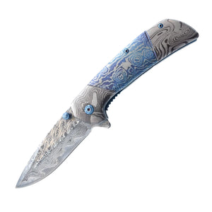 Titanium & Damascus Folding Knife "BLUE"