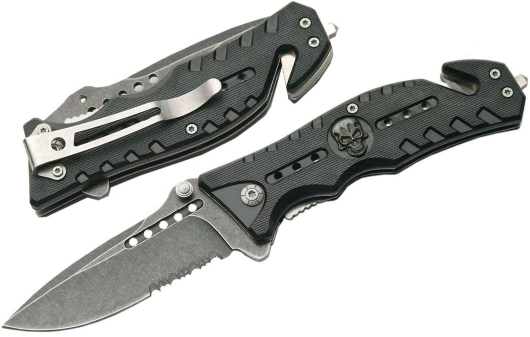 SKULL TRACK FOLDING KNIFE WITH BLACK ABS HANDLE