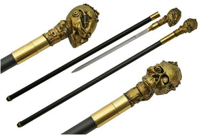 36.75" BRASS FINISH SKULL SWORD CANE