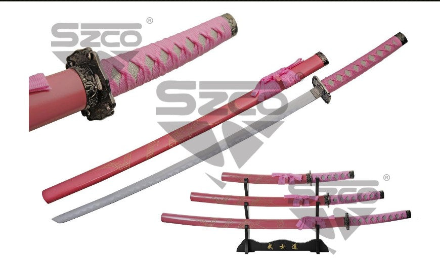 3PC PINK DRAGON KATANA SET